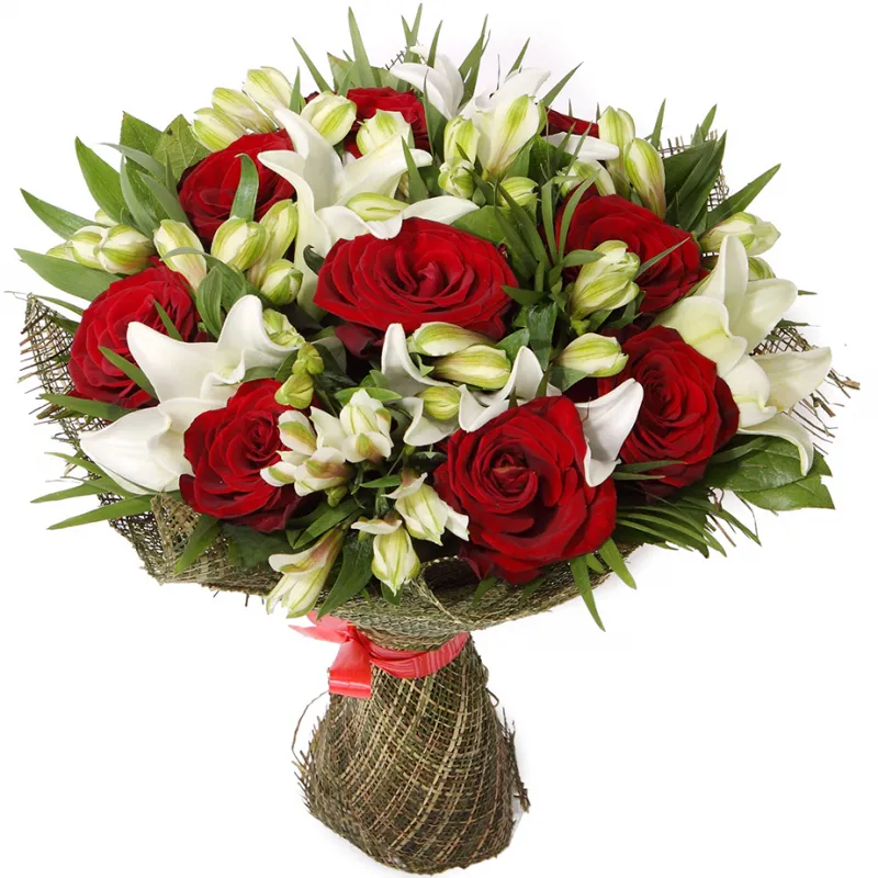 Букет из роз, лилии и альстромерии, доставка Медногорск
